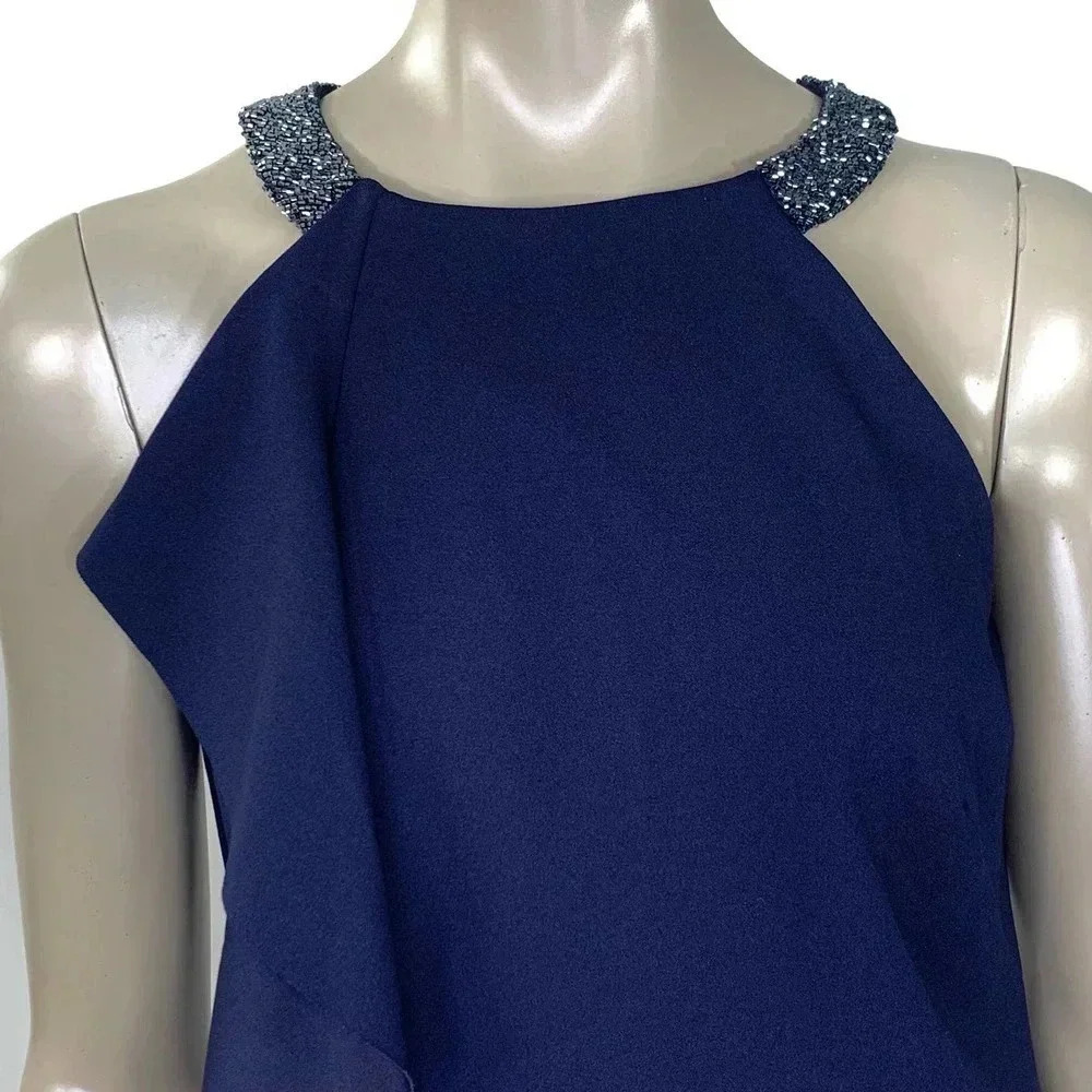 Lauren Ralph Lauren Halter Beaded Cocktail Pencil Dress Women Size 8 Blue Ruffle - Picture 6 of 15